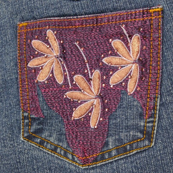 Lachilotta Flare Jeans Juniors 7 Embellished Bling Embroidered Stretch Low B055 - Picture 8 of 8